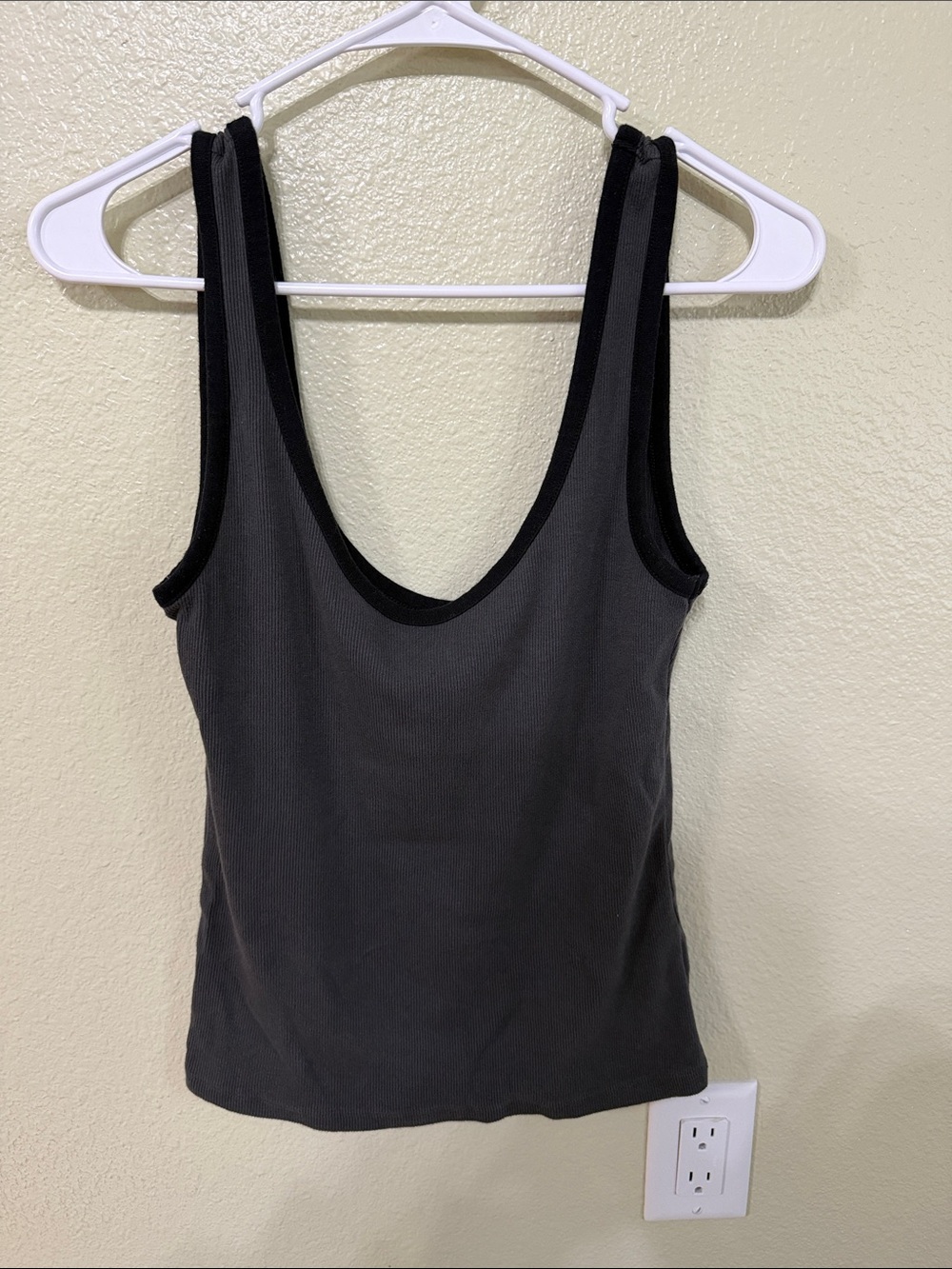 aerie Charcoal Ribbed Scoop Tank Top with Black Trim